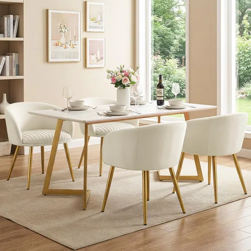 Vista 9 de Boucle - Silla de tocador de maquillaje de terciopelo, moderna silla de escritorio para niñas, sin ruedas, con patas de metal dorado, sillón Beige