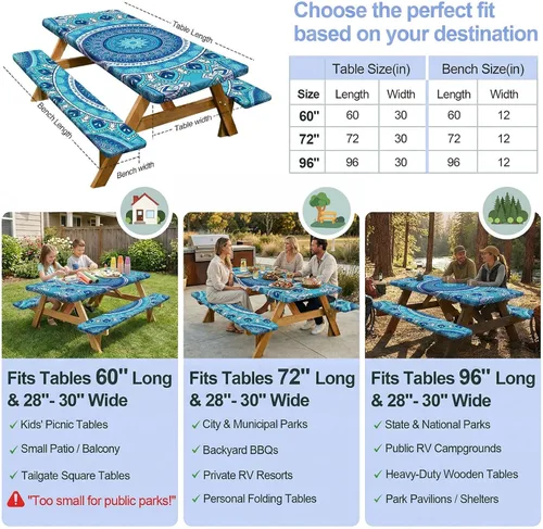 Vista 5 de Funda de mesa de picnic con fundas para bancos Esenciales de camping Mantel de picnic impermeable y a prueba de viento con bolsa de cordón, funda