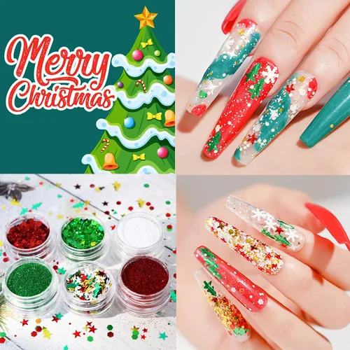 Vista 3 de Árbol de Navidad con copos de nieve 3D para árbol de Navidad, lentejuelas mezcladas de 3 colores con purpurina en polvo hexagonal con purpurina