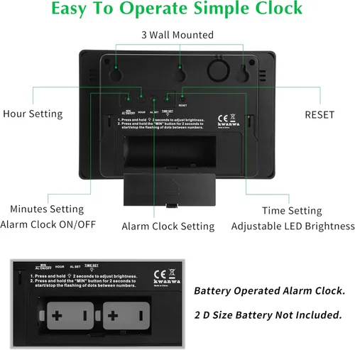 Vista 3 de KWANWA Reloj Despertador, Reloj de Pared, Reloj Digital, Pantalla LED de 3 Pulgadas, Funciona con Pilas, Brillo Ajustable, Modo Nocturno Automático