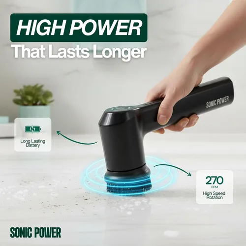 Vista 2 de SonicPower Limpiador eléctrico giratorio – De mano y ergonómico, IPX7 impermeable, 4 cabezales de cepillo multiusos, batería recargable de larga