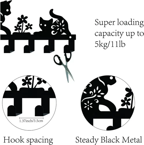 Vista 3 de CREATCABIN Soporte de metal para llaves, ganchos negros para colgar en la pared, organizador colgante decorativo con 6 ganchos, patrón de gato