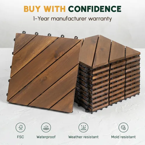 Vista 4 de BEEFURNI 10 azulejos entrelazados de 12 x 12 pulgadas, patrón diagonal, cubierta de madera de acacia impermeable para todo tipo de clima, patio