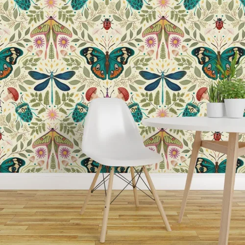 Vista 3 de Muestra de papel tapiz extraíble – insecto damasco insecto botánico grande Jumbo polilla mariposa bosque hongo beige verde azul papel pintado