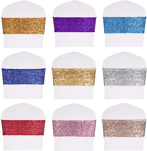 Vista 7 de Bandas elásticas de lentejuelas para silla de hotel, boda, recepción, fiesta, evento, decoración de silla de 4” x 16” Azul real