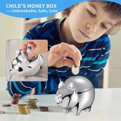 Vista 7 de Jozen Gift Caja de joyería musical de bailarina rosa mediana y hucha de metal para niños Banco de dinero para niños (plata) para niños