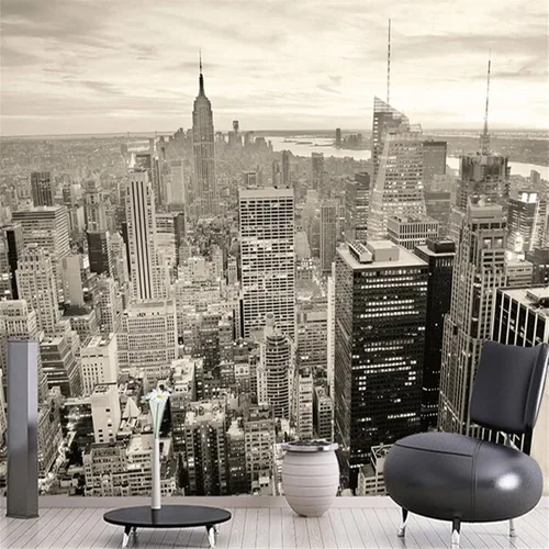Vista 2 de Murales de pared 3D de ciudad en blanco y negro, papel tapiz de arquitectura retro, murales panorámicos extraíbles, adecuado para decoración