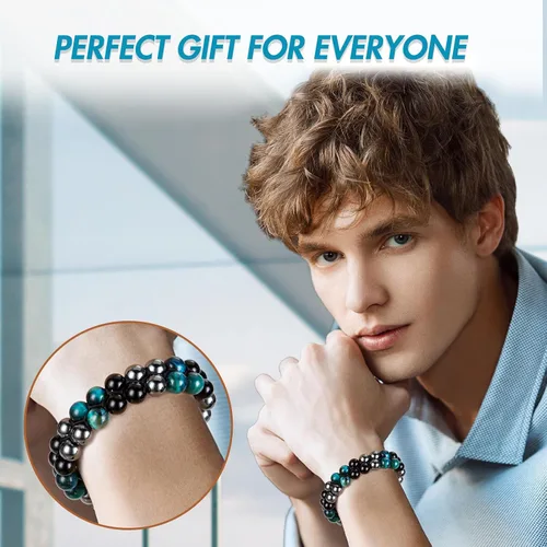 Vista 2 de MIDON - Pulsera de ojo de tigre, pulsera de triple protección para hombres y mujeres, hecha a mano, cuentas de ojo de tigre, hematita y obsidiana