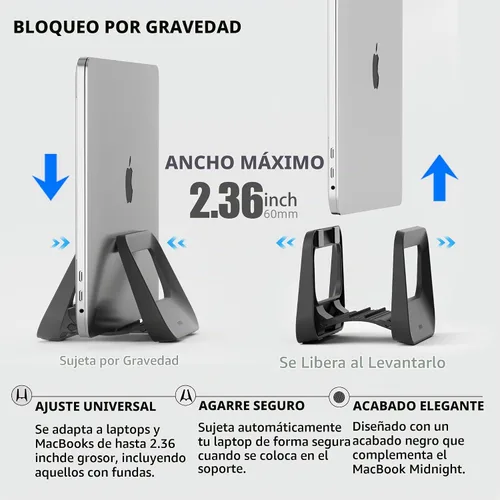 Vista 3 de Soporte vertical para computadora de escritorio, soporte de plástico para laptop con protección de silicona, compatible con todos los Negro