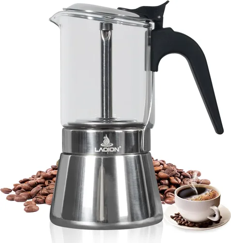 Vista 8 de LAOION Cafetera de café expreso, 3 tazas de 5.4 fl oz, cafetera de cristal y acero inoxidable, cafetera moca, cafetera Greca de Café, cafetera