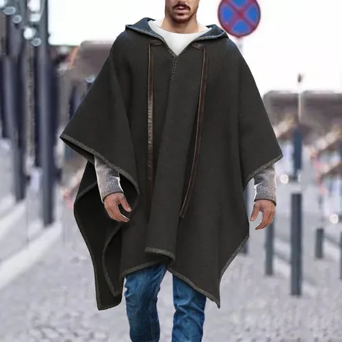 Vista 2 de Kingspinner Steampunk - Poncho gótico con capucha para hombre, ropa cómoda para el hogar, abrigo de casa para hombre, poncho de lana de alpaca