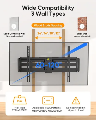 Vista 4 de FORGING MOUNT Soporte de pared para TV de brazo largo con extensión de 42.9 pulgadas y regleta de alimentación para televisores de 60 a 120
