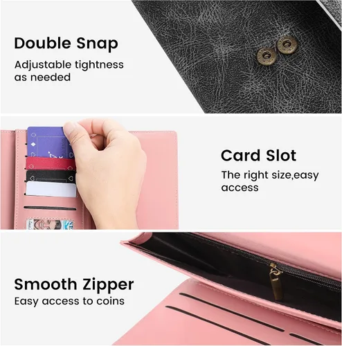 Vista 7 de Billetera para mujer, con bloqueo RFID, triple pliegue, tarjetero, delgada, con bolsillo para monedas con cremallera, Negro -, Negro