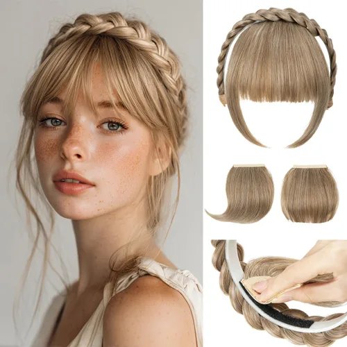 Vista 21 de SARLA Diadema trenzada con 3 flequillos desmontables con clips, extensiones de cabello con flequillo para mujer, banda de cabello sintética falsa