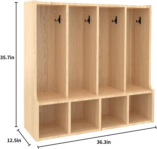 Vista 2 de TONGMO Armario de abrigos para niños con banco, muebles naturales para niños pequeños de 4 secciones para almacenamiento organizado (4 secciones)