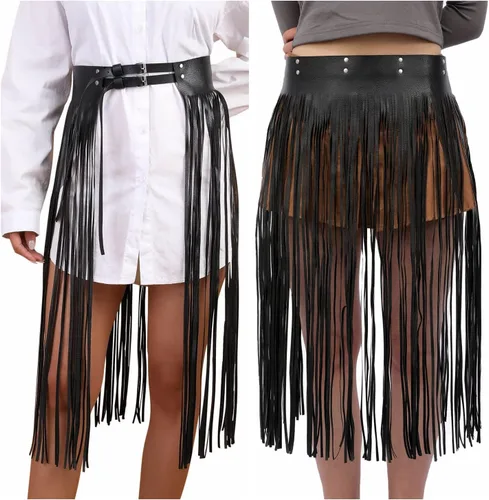 Vista 3 de Ayliss Falda con flecos y borlas para mujer, cinturón de vestir, cintura punk, cinturón de vestir vintage de piel sintética, cintura rocker, disfraz