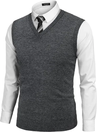 Vista 16 de COOFANDY Suéter sin mangas para hombre, chaleco con cuello en V, jersey de algodón sólido Azul claro