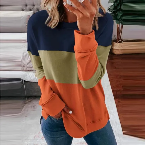 Vista 2 de Handyulong Sudaderas para mujer, sudadera casual de manga larga con cuello redondo y estampado a rayas