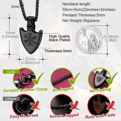 Vista 4 de FaithHeart Collar con colgante de runas vikingas nórdicas, martillo de Thor, brújula nórdica, Odín, cuervo, para hombres y mujeres, con embalaje
