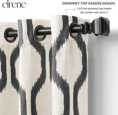 Vista 2 de Elrene Home Fashions Renzo Ikat - Cortina de panel de lino con diseño geométrico para ventana, para oscurecimiento de habitación Negro