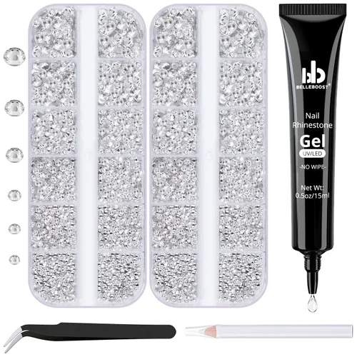 Vista 23 de Kit de pedrería para uñas BELLEBOOST, 15ml de pegamento de gel con strass + gemas coloridas + cristales de vidrio flatback AB y gemas transparentes