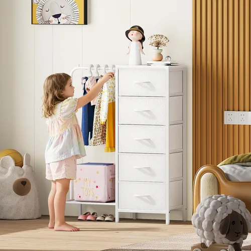 Vista 2 de Snughome Cómoda con estante para colgar, perchero para colgar ropa con 5 cajones, cómoda blanca con perchero, cómoda de almacenamiento de tela