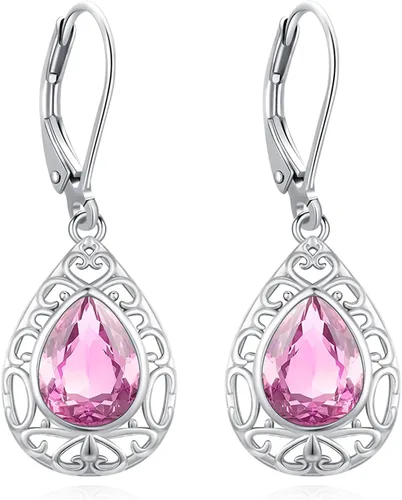Vista 309 de Aretes colgantes de plata de ley con diseño de árbol de la vida, flor, abeja, animales, gato, colibrí, piedra lunar, turquesa, aretes con cierre