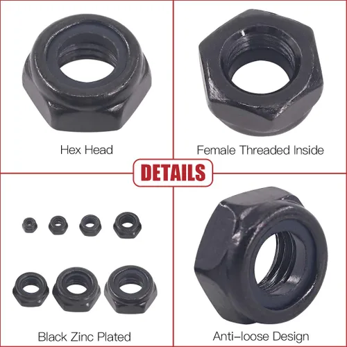 Vista 4 de Hilitchi Kit surtido de tuercas hexagonales de nailon chapado en zinc negro, 165 piezas