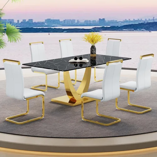 Vista 30 de Juego de mesa de comedor negra para 4, 63 x 35.4 x 30 pulgadas, mesa de comedor moderna rectangular con patas y base de acero inoxidable, sillas