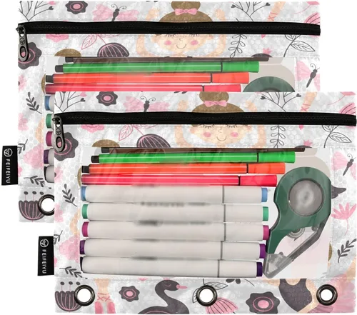 Vista 2 de Linda bolsa de lápices de bailarina para carpeta de 3 anillos, 2 bolsas para lápices con cremallera, estuche transparente con cremallera