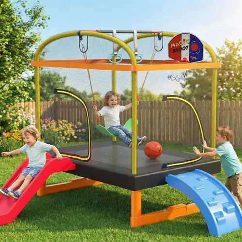 Vista 3 de Trampolín rectangular de 6.5 pies con columpio de baloncesto para escalada al aire libre para niños, trampolines de recreación con red de seguridad