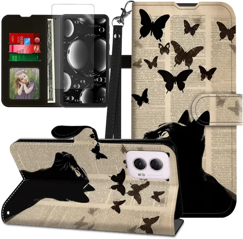 Vista 353 de Funda para Motorola Edge 2022 con protector de pantalla, soporte y tarjetero y correa para la muñeca, funda magnética para Moto Edge 2022 5G UW Lobo