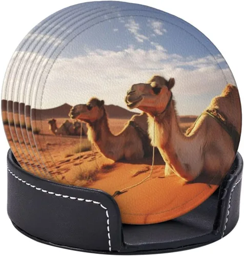 Vista 6 de Camels Rest Desert Printing Coasters for Drinks Set of 6 Leather Drink Coasters Round Cup Mat Pad Durable and Non Slip Leather Coaster for Home