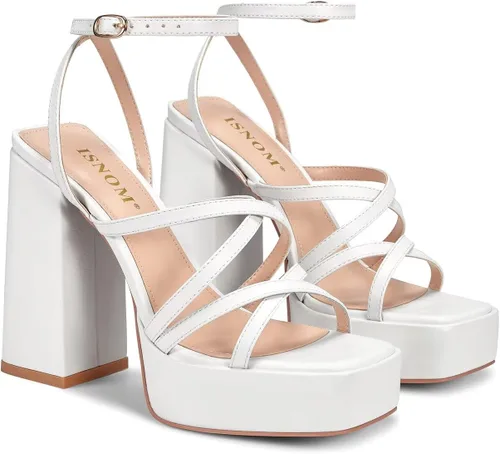 Vista 2 de ISNOM Tacones gruesos de plataforma para mujer, sandalias de tacón de bloque con punta cuadrada abierta y correa de tobillo