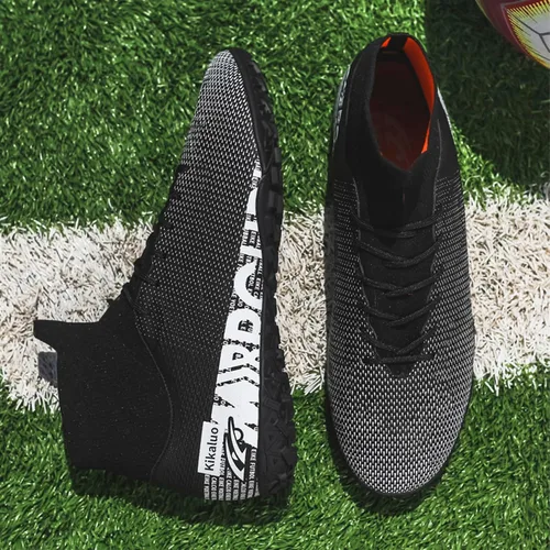 Vista 4 de Botas de fútbol para hombre con tacos altos con cordones, para interiores, firmes, para entrenamiento de césped y fútbol sala
