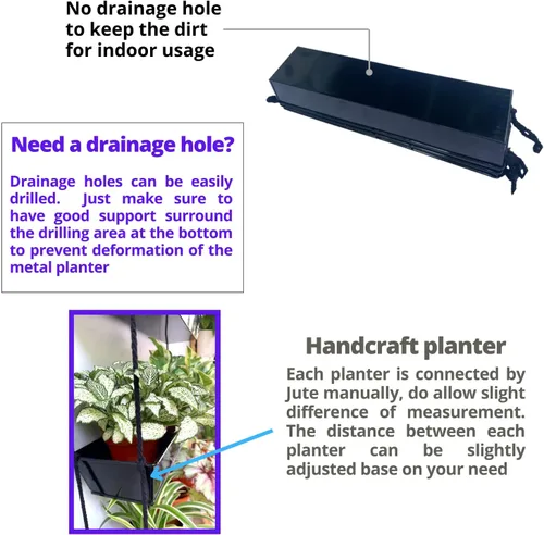 Vista 4 de LaLaGreen - Maceta escalonada de 16 pulgadas para plantas suculentas de interior, maceta rectangular moderna de metal negro de 3 niveles
