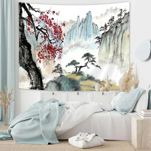 Vista 2 de Bcsewcg Tapiz de arte de pared de anime de flor de cerezo para dormitorio y sala de estar decoración del hogar