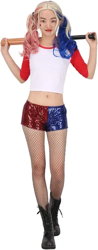 Vista 2 de HDE Pantalones cortos de lentejuelas rojas y azules para mujer de talla grande para disfraz de Halloween Harley Misfit, Azul, metálico, rojo