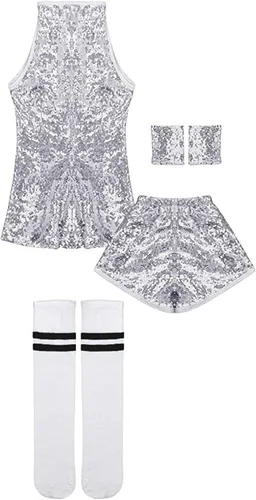 Vista 5 de LOLANTA Vestido de baile de lentejuelas para niñas de 4 a 12 años, traje de baile de hip hop, sin mangas y pantalones cortos