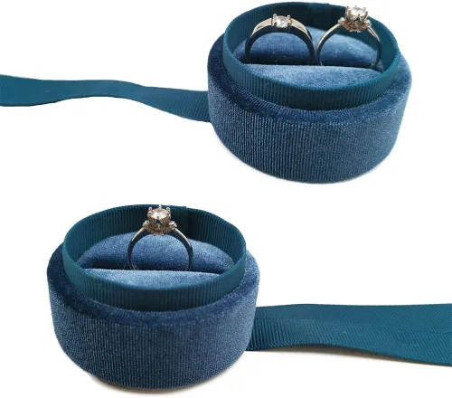 Vista 3 de Beatilog Caja de anillos de terciopelo Hermosa caja redonda para anillos de boda con elegante lazo de cinta, organizador de regalos