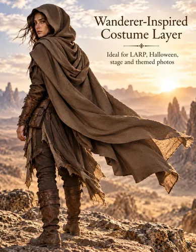 Vista 2 de JPXH Conjunto de bufanda con capucha con cinturón y muñequeras para cosplay medieval Marrón