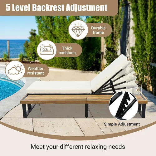 Vista 4 de Tumbona reclinable para patio al aire libre con respaldo ajustable de 5 posiciones y mesa auxiliar de madera, silla lounge para todo tipo de clima