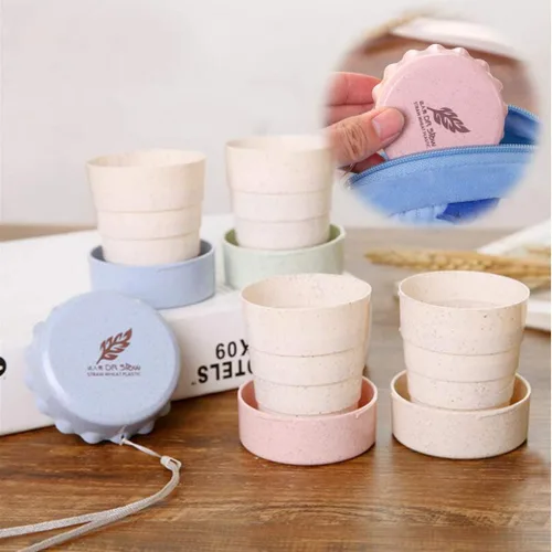 Vista 5 de Taza de camping plegable con tapa, plegable telescópica de trigo con paja, taza de agua plegable sin BPA para viajes al aire libre, color beige