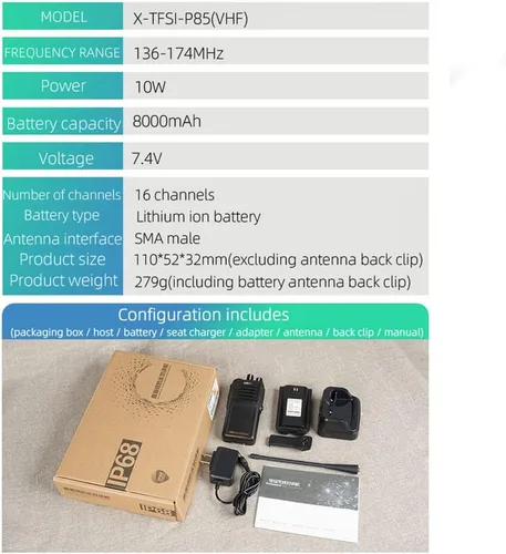 Vista 6 de Radio marina VHF bidireccional de mano IP68, pantalla LED impermeable, canales marinos internacionales, 136-174 MHz 8000 mAh, batería KSUN P85