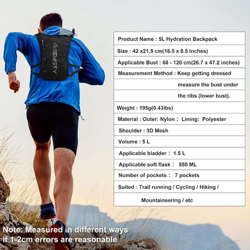 Vista 7 de Chaleco de Hidratación para Correr 5L, Paquete de Chaleco para Correr con Vejiga de Agua de 1.5L, Mochila de Agua Ligera para Senderismo, Correr