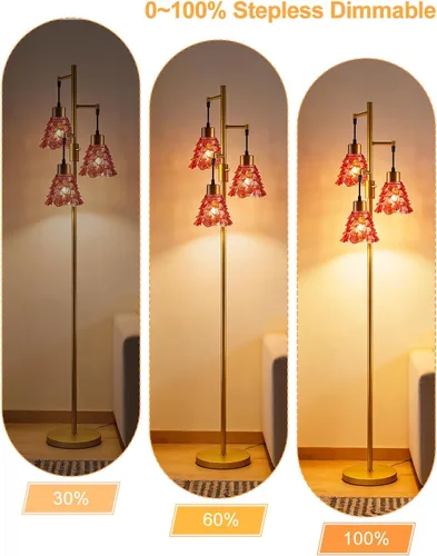 Vista 2 de Lámpara de pie moderna de cristal de 3 luces, lámpara alta de pie dorada con pantalla de vidrio de piña roja profunda, lámpara de pie LED regulable