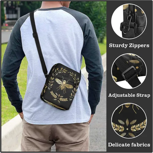Vista 6 de Bolsa de mensajero bordada de abeja para mujeres y hombres, bolsa cruzada para el hombro, bolso cruzado con correa ajustable para viajes al aire