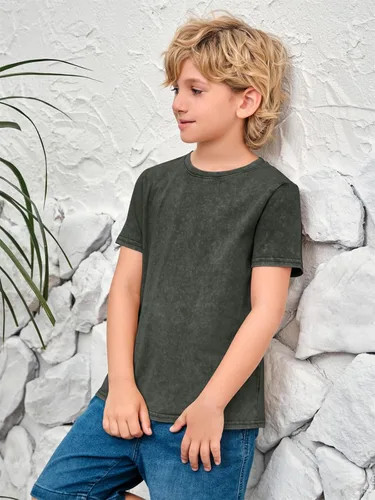 Vista 5 de Makkrom Camiseta de manga corta para niño, estilo retro, cuello redondo, de algodón, informal, lavada