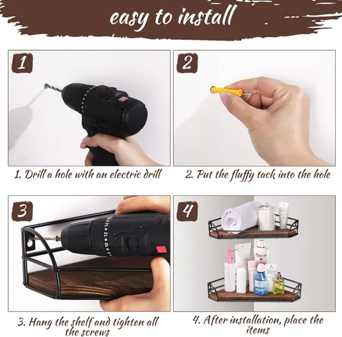 Vista 4 de Photect Estante de esquina para montaje en pared, estantes flotantes de esquina de madera, juego de 2, estante de esquina de baño, almacenamiento