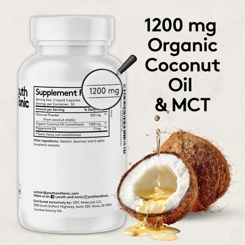 Vista 4 de Youth & Tonic Píldoras de carbón activado líquido 3 en 1 + 1200 mg de aceite de coco orgánico y aceite de menta, desintoxicación digestiva